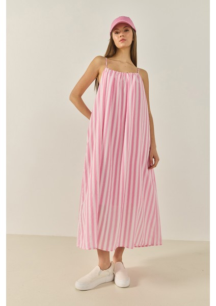 Kadın Büzgü Detaylı Ince Askılı Çizgili Astarlı Modal Salaş Elbise fırsatları