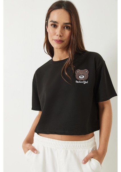Kadın Teddy Nakışlı Penye Crop T-Shirt