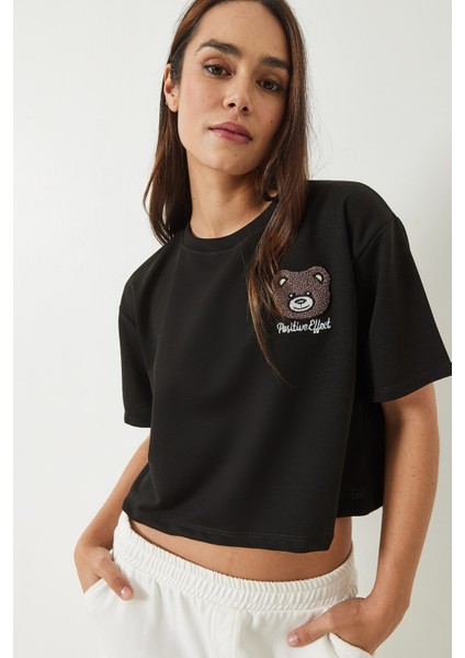 Kadın Teddy Nakışlı Penye Crop T-Shirt fiyatları
