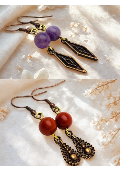 Ametist & Jasper Doğal Taşlı 2'li Küpe Seti