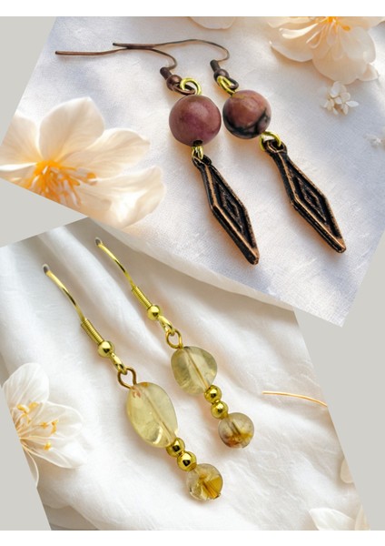 Rodonit & Sitrin Doğal Taşlı 2'li Küpe Seti