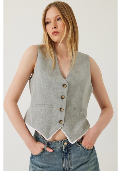 Kadın V Yaka Viskon Biyeli Astarlı Yelek