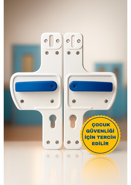 Bariyerli Kapı Kolu | Beyaz-Lacivert Renkli | Çocuk Güvenlikli | Okul ve Eğitim Alanlarına Uygun