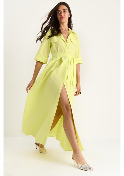 Kadın Pile Etekli Cep Detaylı Kuşaklı Poplin Midi Elbise