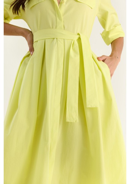 Kadın Pile Etekli Cep Detaylı Kuşaklı Poplin Midi Elbise indirimleri