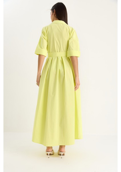 Kadın Pile Etekli Cep Detaylı Kuşaklı Poplin Midi Elbise