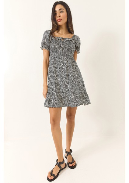 Kadın Papatya Desenli Karpuz Kollu Giperli Mini Viskon Elbise