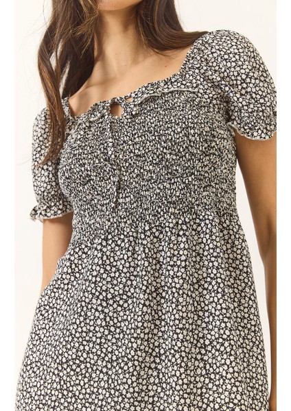 Kadın Papatya Desenli Karpuz Kollu Giperli Mini Viskon Elbise indirimleri