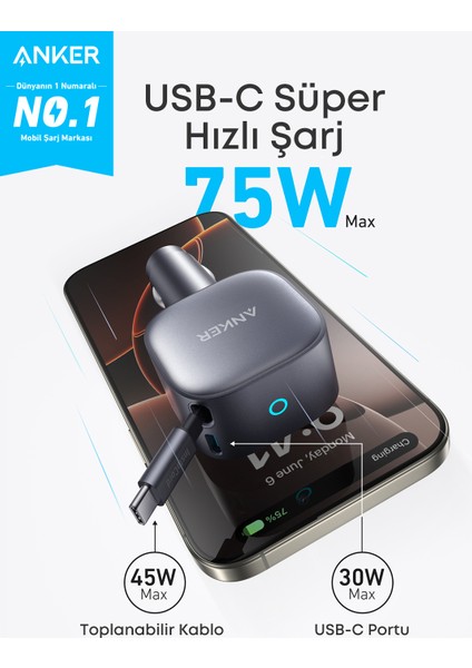 Nano 75W Araç Şarj Cihazı - Ultra Kompakt - Dahili Geri Çekilebilir Usb-C Kablolu - A2738 (Anker Türkiye Garantili)) fiyatları