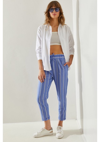 Çizgili Lastik Bel Bağlamalı Havuç Pantolon