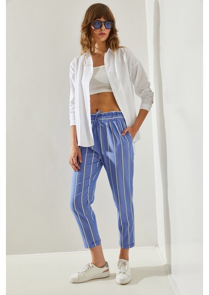Çizgili Lastik Bel Bağlamalı Havuç Pantolon modelleri