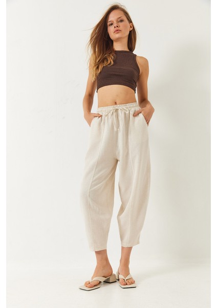 Kadın Beli Lastikli Cep Detaylı Şalvar Kesim Pantolon