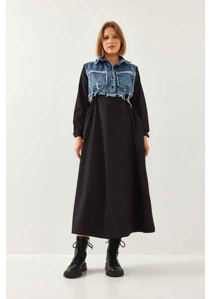 Kadın Denim Garnili Uzun Kloş Elbise fiyatları
