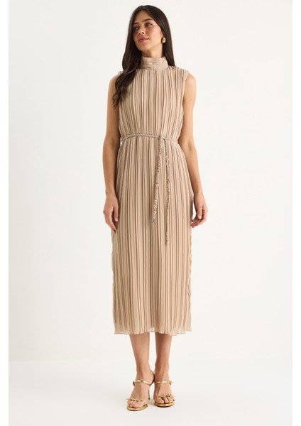 Kadın Kalın Askılı Örgü Kemerli Astarlı Midi Pilise Elbise Fe-