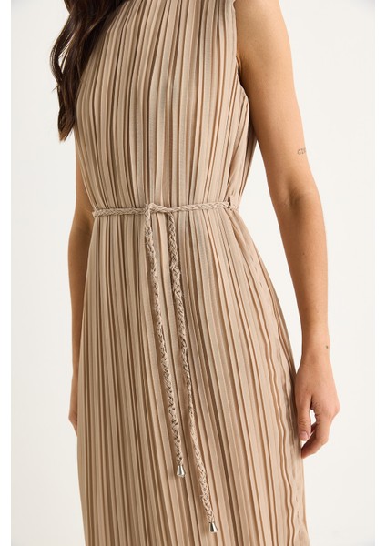 Kadın Kalın Askılı Örgü Kemerli Astarlı Midi Pilise Elbise Fe- modelleri