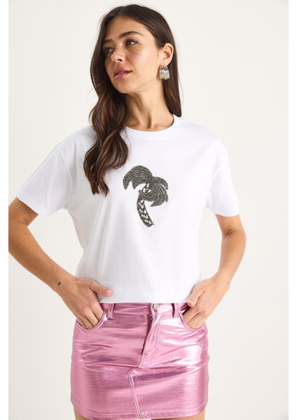 Kadın % Pamuk Bisiklet Yaka Palmiye Taş Aksesuarlı Rahat Kalıp T-Shirt modelleri