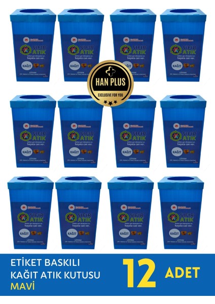 Sıfır Atık Kutusu – Etiketli Kağıt Atık Geri Dönüşüm Kutusu (Mavi) - 3 SET TOPLAM 12 ADET