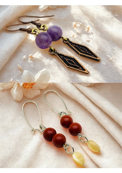 Ametist & Jasper Doğal Taşlı 2'li Küpe Seti