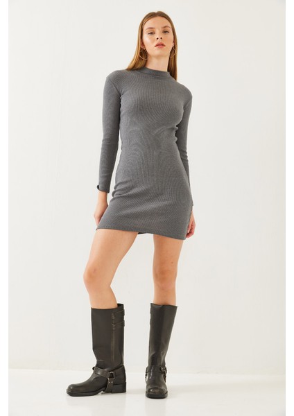 Kadın Balıkçı Yaka Kaşkorse Uzun Kollu Kısa Basic Elbise