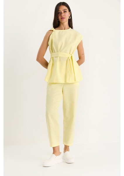 Kadın Omuz Düğüm Detaylı Kuşaklı Keten Alt-Üst Takım