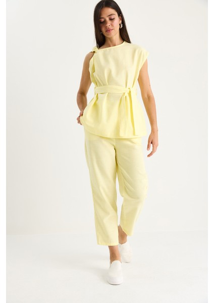 Kadın Omuz Düğüm Detaylı Kuşaklı Keten Alt-Üst Takım modelleri