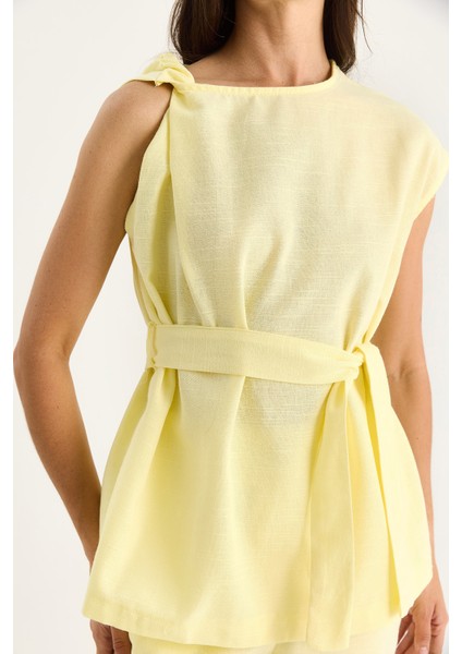 Kadın Omuz Düğüm Detaylı Kuşaklı Keten Alt-Üst Takım indirimleri