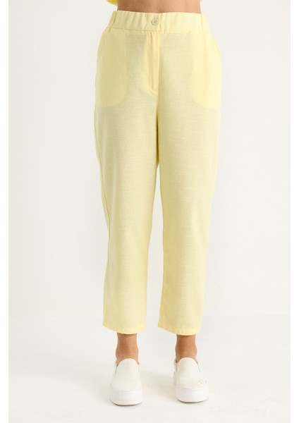 Kadın Omuz Düğüm Detaylı Kuşaklı Keten Alt-Üst Takım