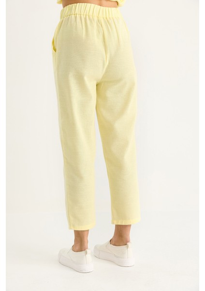 Kadın Omuz Düğüm Detaylı Kuşaklı Keten Alt-Üst Takım