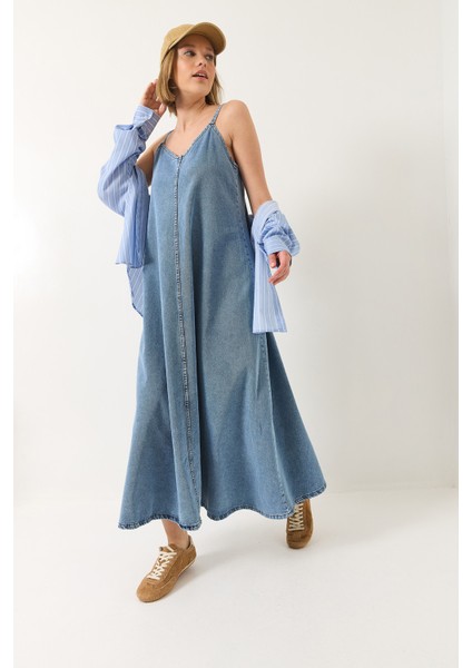 Kadın Ince Askılı Uzun Denim Elbise