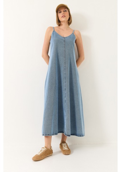 Kadın Ince Askılı Uzun Denim Elbise fiyatları