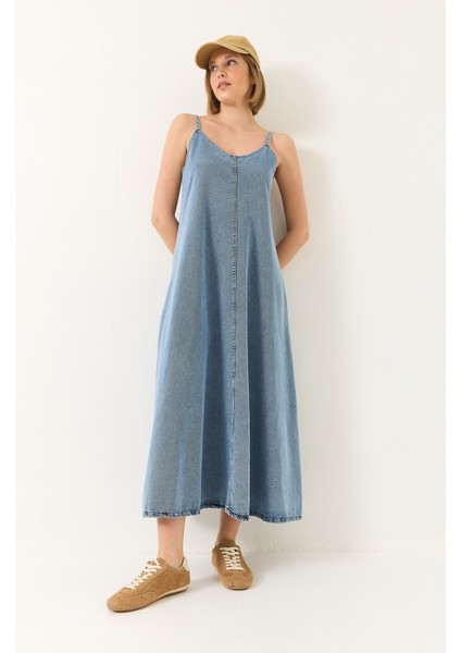 Kadın Ince Askılı Uzun Denim Elbise modelleri