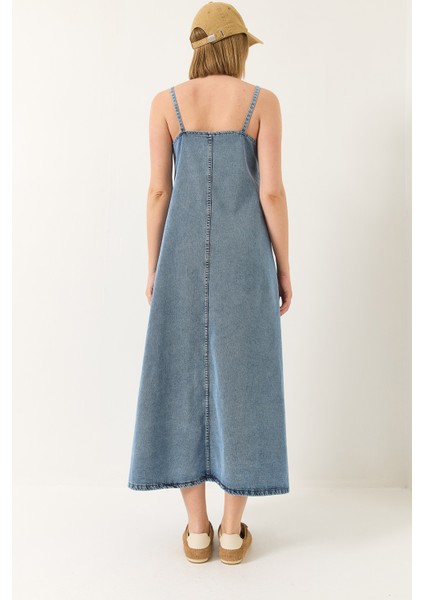 Kadın Ince Askılı Uzun Denim Elbise indirimleri