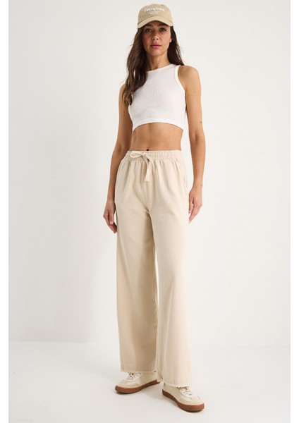 Kadın Beli Lastikli Paça Detaylı Palazzo Kalıp Pamuk Gabardin Yazlık Pantolon