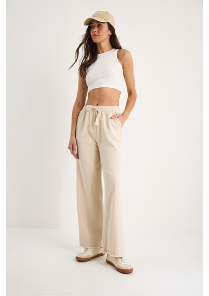 Kadın Beli Lastikli Paça Detaylı Palazzo Kalıp Pamuk Gabardin Yazlık Pantolon fiyatları