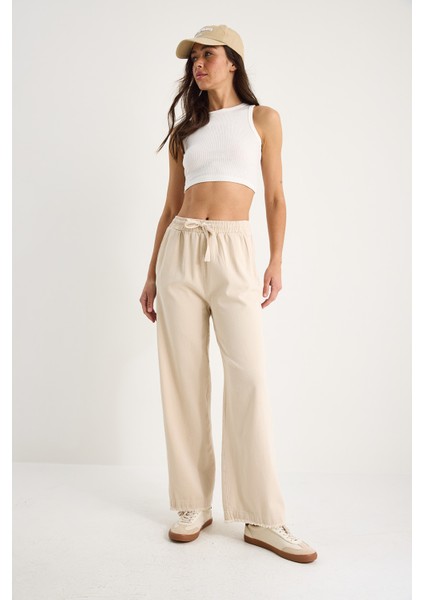 Kadın Beli Lastikli Paça Detaylı Palazzo Kalıp Pamuk Gabardin Yazlık Pantolon fırsatları