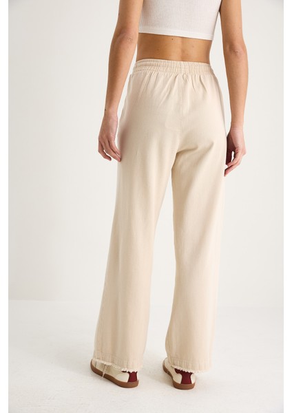 Kadın Beli Lastikli Paça Detaylı Palazzo Kalıp Pamuk Gabardin Yazlık Pantolon