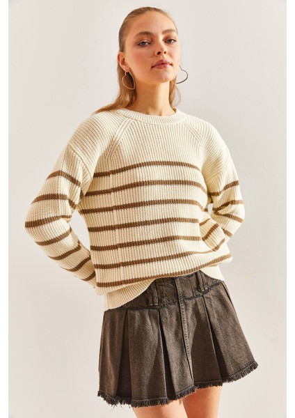 Kadın Çizgili Selanik Örgülü Triko Kazak
