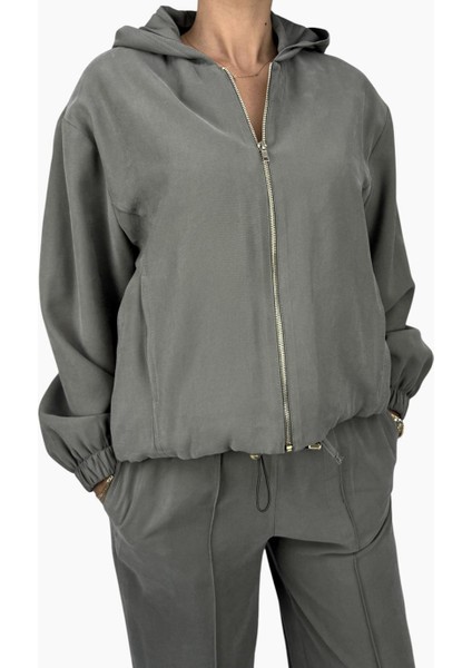 Fermuarlı Kapşonlu Haki Tensel Ceket - SRP1140