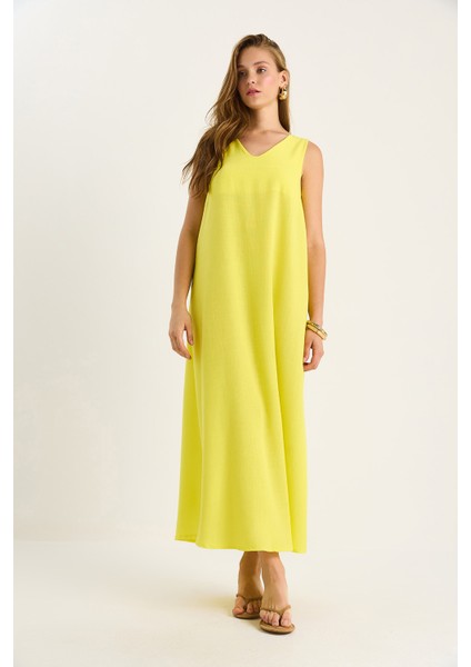 Kadın V Yaka Kalın Askılı Uzun Keten Elbise modelleri