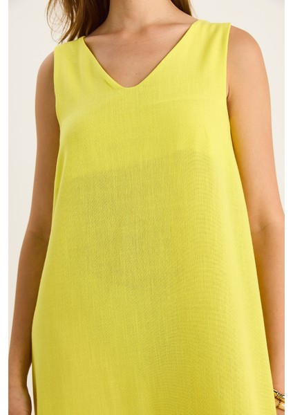 Kadın V Yaka Kalın Askılı Uzun Keten Elbise fırsatları