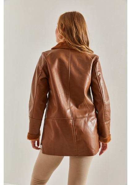 Kadın Içi Kürklü Küçük Cep Detaylı Deri Mont