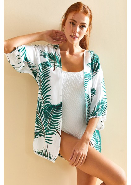 Kadın Kolları Dantel Detaylı Desenli Viskon Kimono