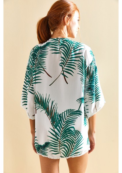 Kadın Kolları Dantel Detaylı Desenli Viskon Kimono modelleri