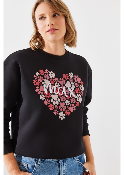 Kadın Üç Iplik Şardonlu Yuvarlak Yaka Pati Baskılı Sweatshirt Mbhs