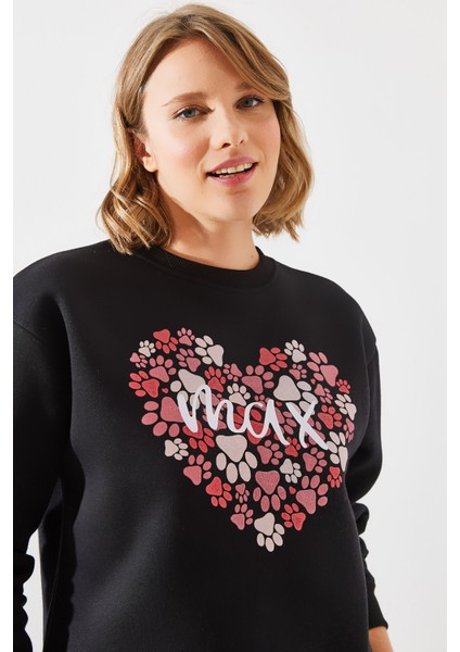 Kadın Üç Iplik Şardonlu Yuvarlak Yaka Pati Baskılı Sweatshirt Mbhs fiyatları