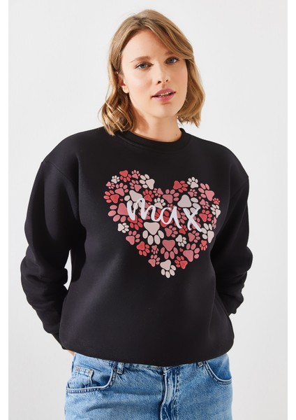 Kadın Üç Iplik Şardonlu Yuvarlak Yaka Pati Baskılı Sweatshirt Mbhs fırsatları