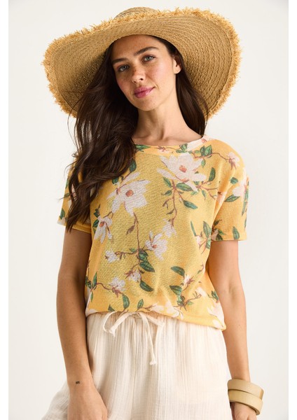 Kadın Bisiklet Yaka Desenli Dijital Baskılı Regular Yazlık Örme T-Shirt