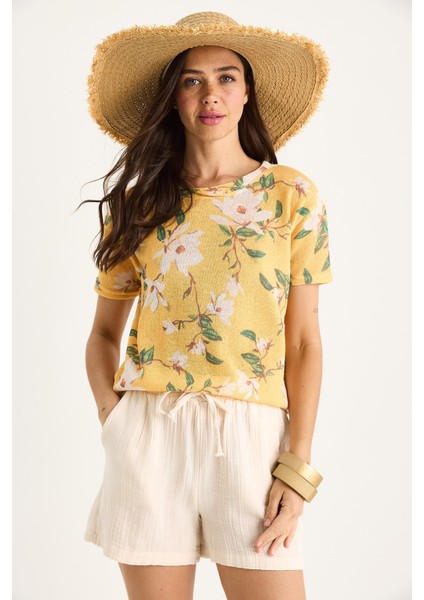 Kadın Bisiklet Yaka Desenli Dijital Baskılı Regular Yazlık Örme T-Shirt fiyatları