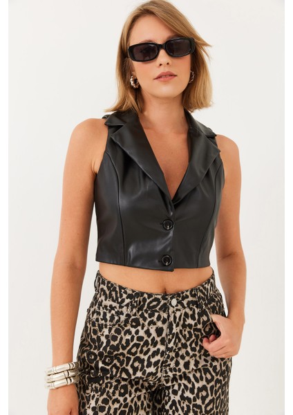 Kadın Kruvaze Yaka Deri Yelek
