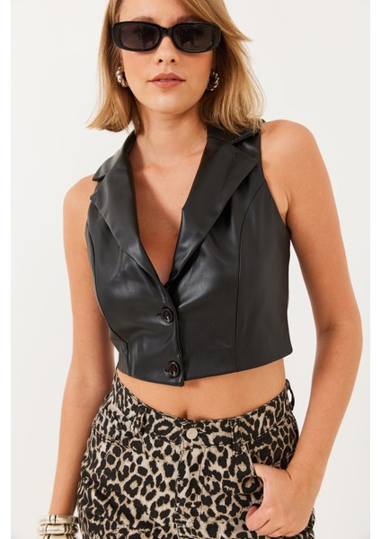 Kadın Kruvaze Yaka Deri Yelek fiyatları